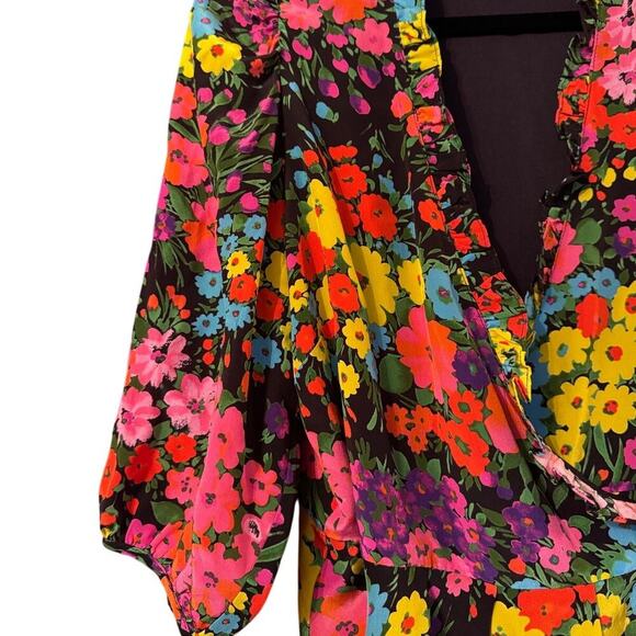 Les Rêveries Puff Sleeve 100% silk bright floral Wrap Top made in USA - Picture 2 of 8